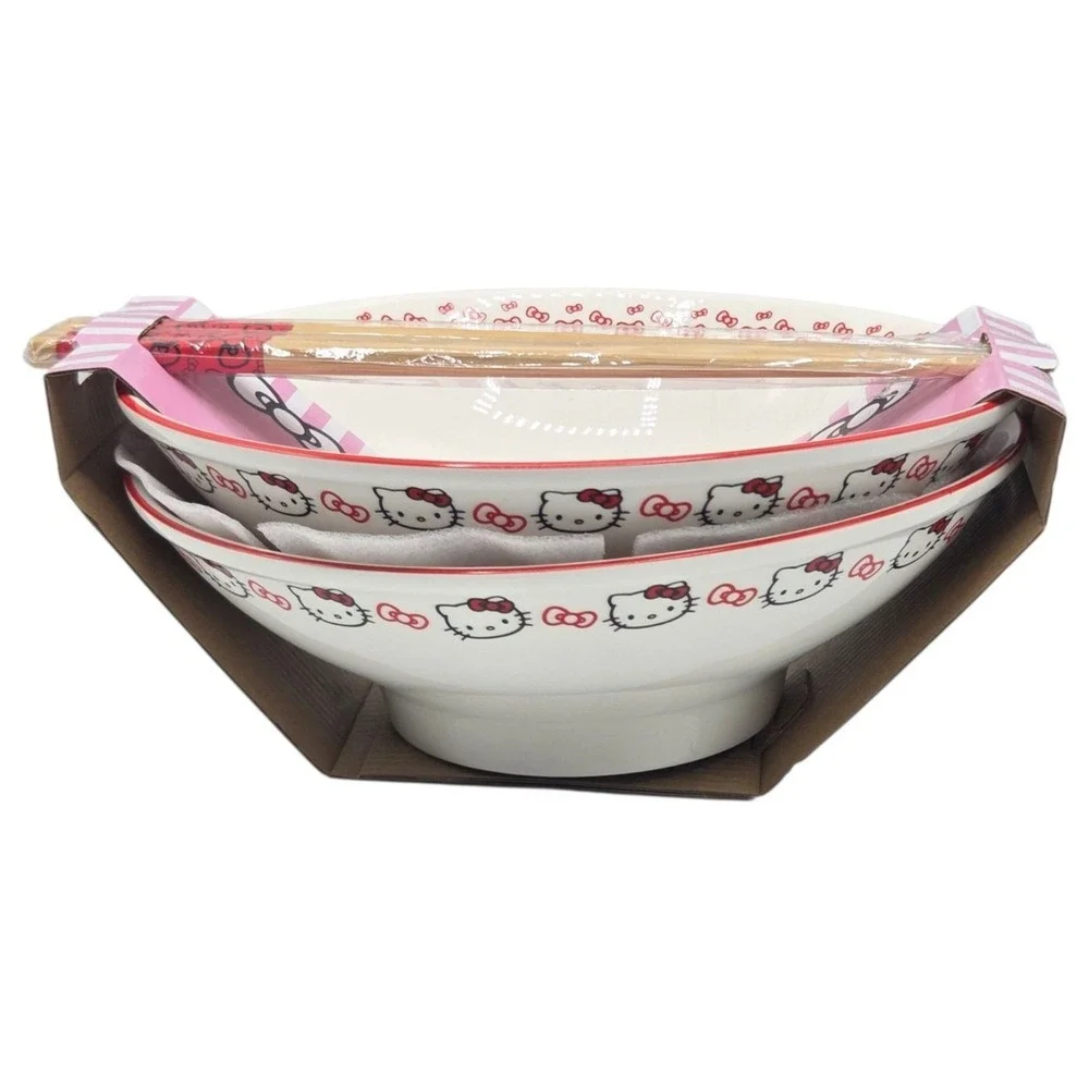 Hello Kitty By Sanrio Set of 2 Ceramic Ramen Noodle Bowl with Chopsticks 30oz